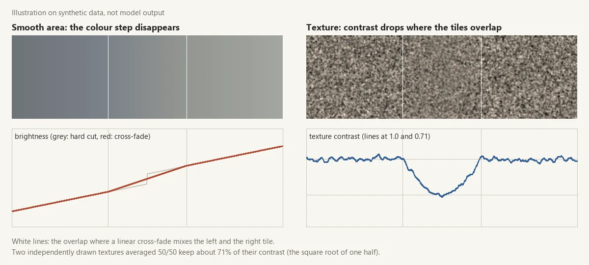 Synthetic illustration in two panels. Left: a smooth grey gradient where a linear cross-fade turns a colour step between two tiles into a gentle ramp. Right: a grain texture where the same cross-fade lowers contrast in the overlap band; the contrast curve dips from 1.0 to about 0.71 in the middle.